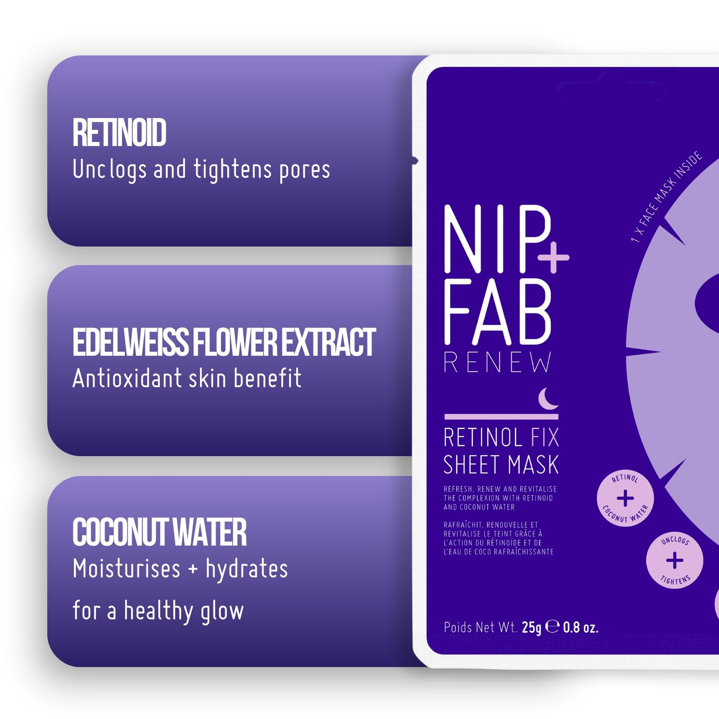 Nip + Fab Retinol Fix Sheet Mask for Face with Coconut Water, Edelweiss Flower Extract, Hydrating Gel Facial Mask for Refining Minimizing Pores, 0.8 Fl Oz,Multi,SKRETSMSK