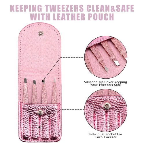 Amytor Eyebrow Tweezer Set, 4 Pcs Professional Stainless Steel Tweezers for Women, Precision Tweezer for Facial Hair, Splinter and Ingrown Hair Removal（Rose Gold）