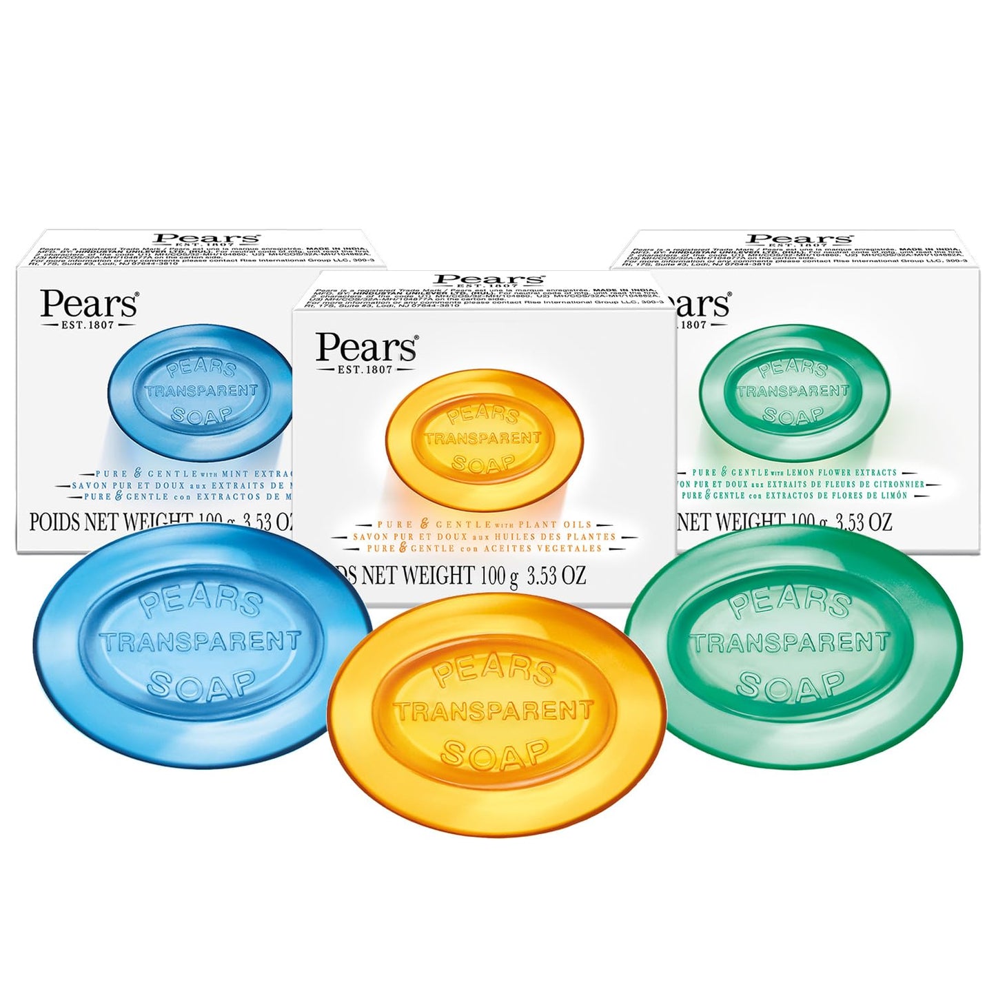 Pears Soap, Pure & Gentle Glycerin Soap Variety 3-Pack – Blue with Mint, Green with Lemon Flower Extract, and Amber with Natural Oils, 4.4 Oz Each
