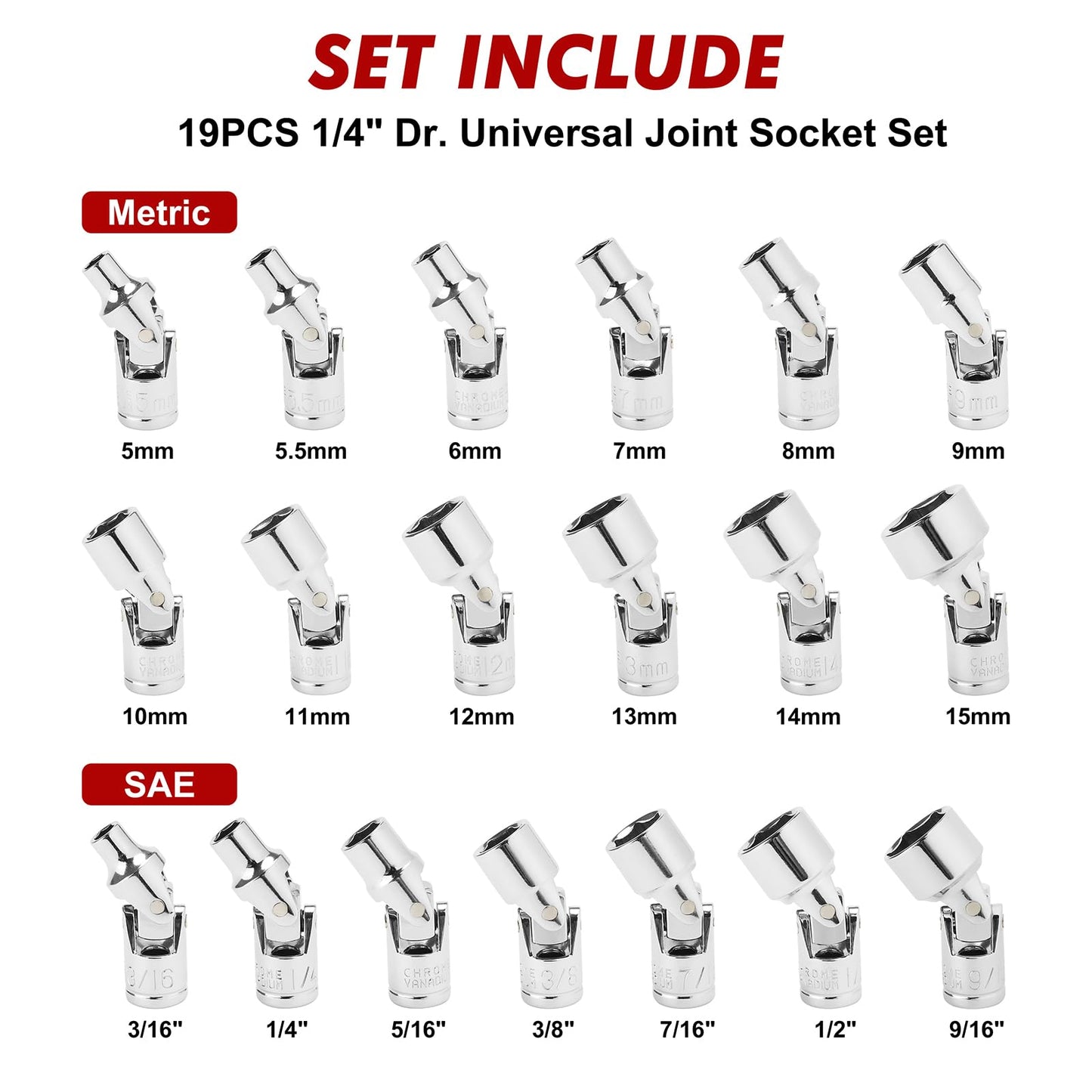CASOMAN 19PCS 1/4" Drive Universal Joint Socket Set, Metric(5mm to 15mm) & SAE(3/16" to 9/16"), Flexible Wobble Sockets for Easier Access to Tight Spaces, 6-Point, Cr-V