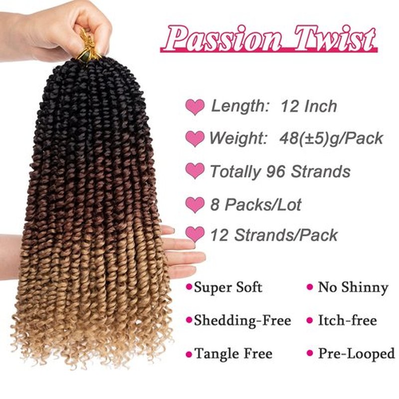 Leeven 8 Packs Ombre Brown Pre-twisted Passion Twist Crochet Hair With Curly Ends 12 Inch 1B3027# Pre looped Passion Twists Crochet Braids for Black Women Goddess Twist Braiding Hair Extensions