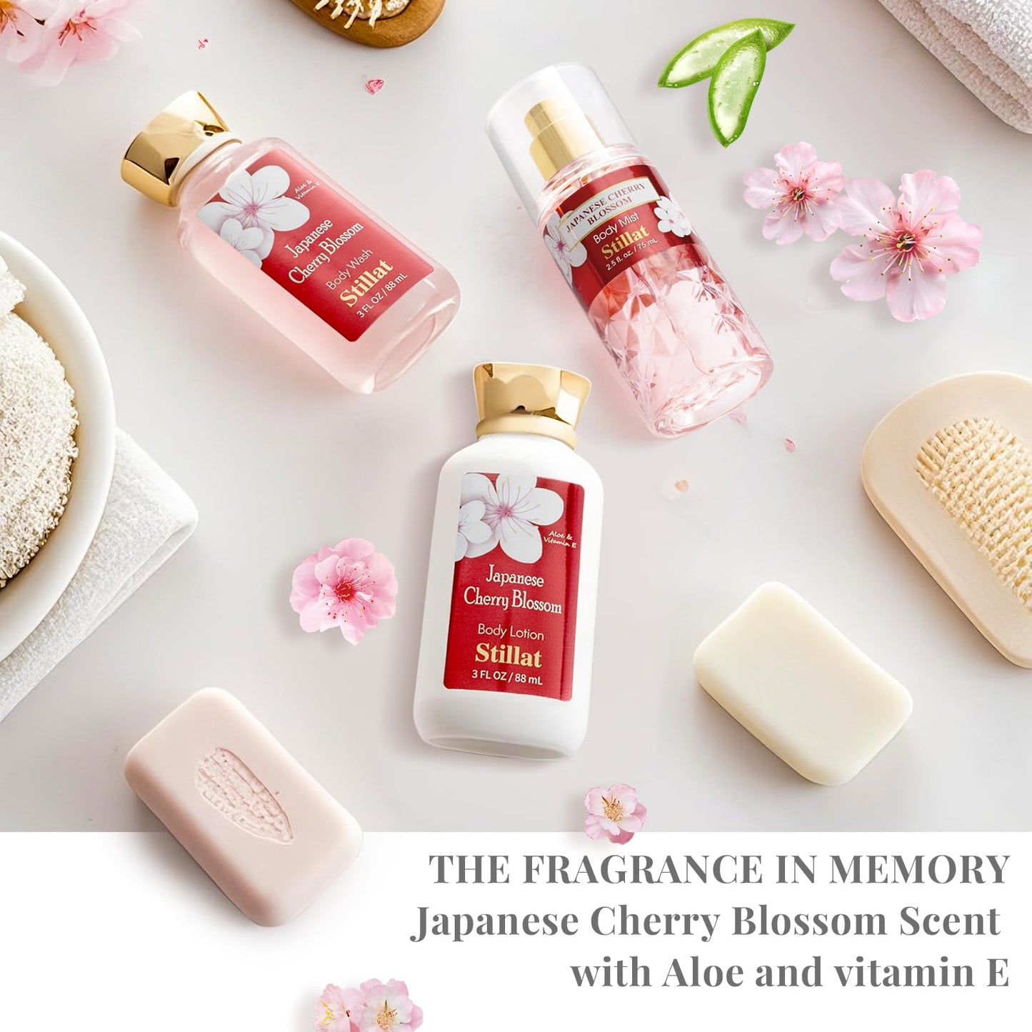 Bath and Body Care Gift Sets, Cherry Blossom Spa Shower Travel Set for Teenager and Her, Including Body Wash, Body Lotion and Fragrance Body Mist, for Birthday Anniversary Wedding Christmas New Year