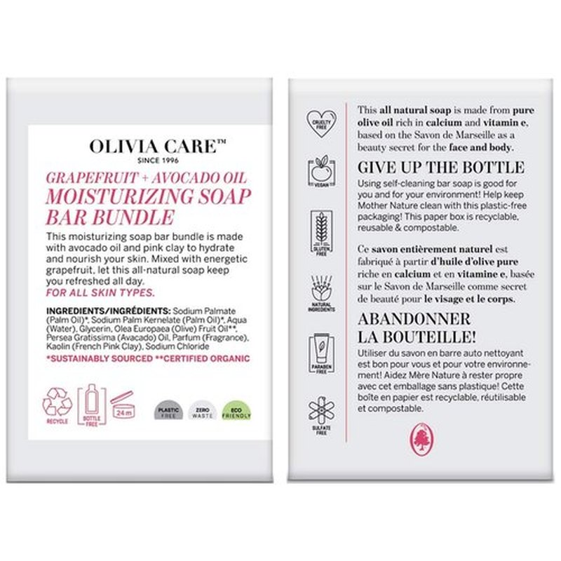 Olivia Care Exfoliating Bar Soap Pack by – 100% Natural & Organic - Infused with Grapefruit, Avocado Oil & Pink Clay - Deep Clean, Refreshing, Moisturizing & Hydrating - Triple-Milled - X 5 OZ Grapefruit Avacodo 3 Count (Pack of 3)
