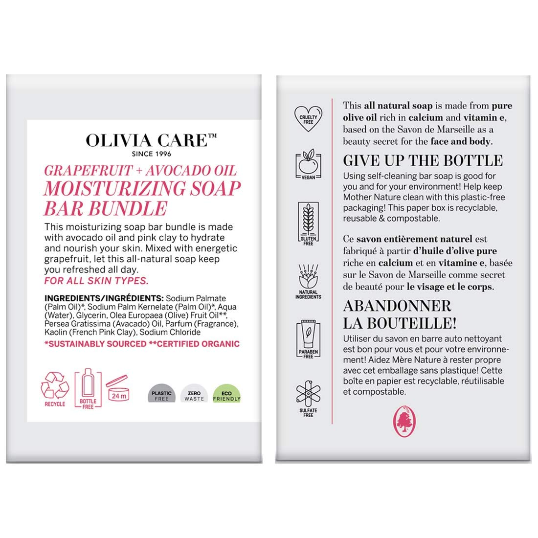 Olivia Care Exfoliating Bar Soap Pack by – 100% Natural & Organic - Infused with Grapefruit, Avocado Oil & Pink Clay - Deep Clean, Refreshing, Moisturizing & Hydrating - Triple-Milled - X 5 OZ Grapefruit Avacodo 3 Count (Pack of 3)