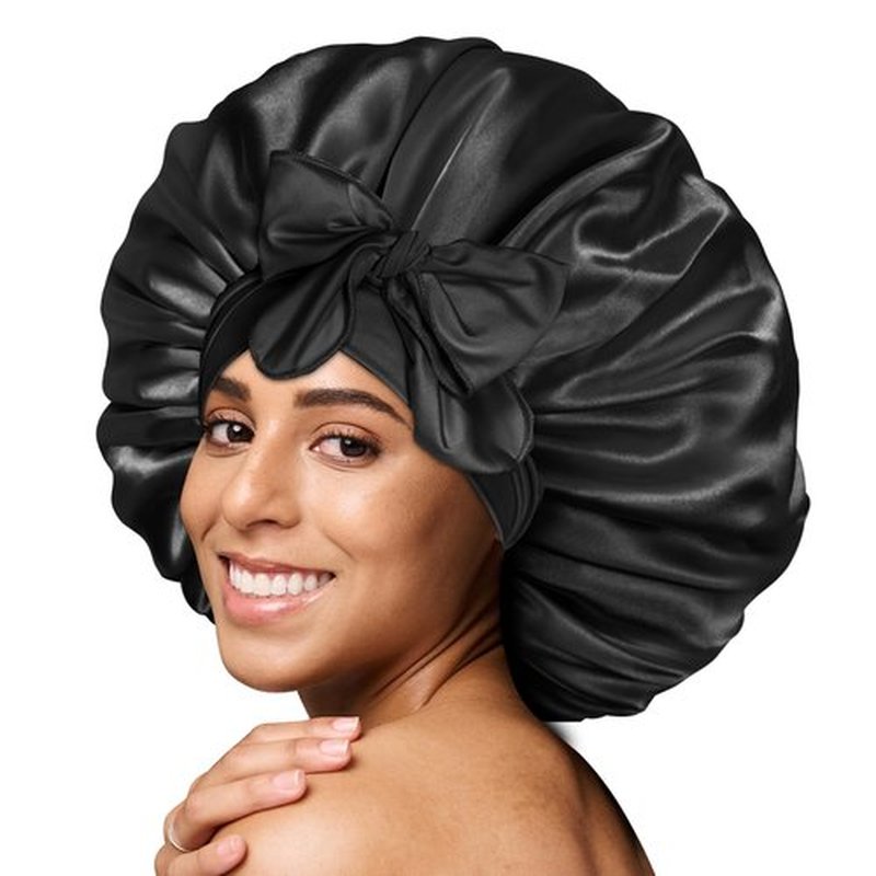 BONNET QUEEN Silk Bonnet for Sleeping Women Satin Bonnet Hair Bonnet Large Bonnet Night Sleep Cap Scarf Wrap for Curly Hair with Tie Band Black