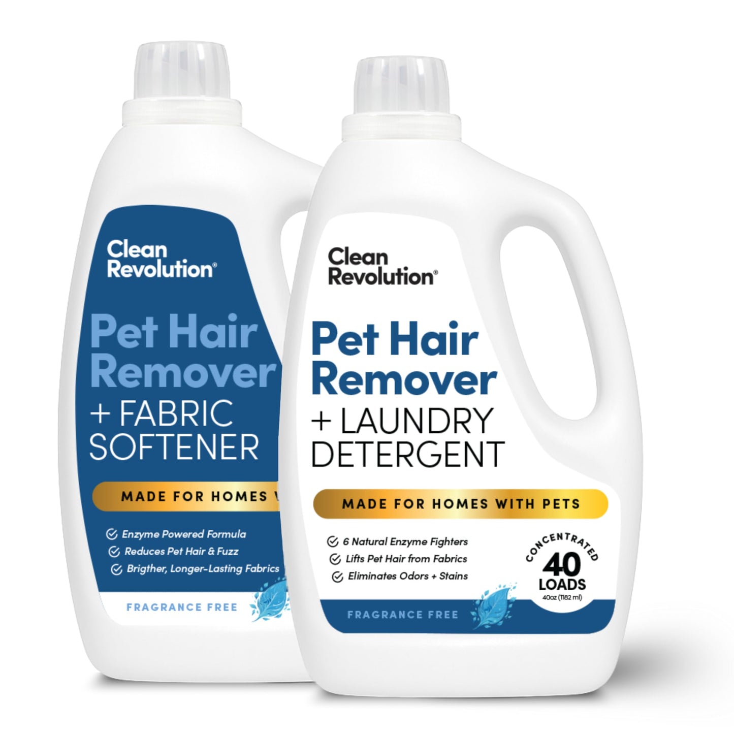 Clean Revolution Pet Hair Remover Laundry System 2-pack: Laundry Detergent + Fabric Softener with HairLift Technology, Fragrance-Free, 6 Natural Enzymes, Removes Pet Hair, Stains & Odors, 40 Oz Each