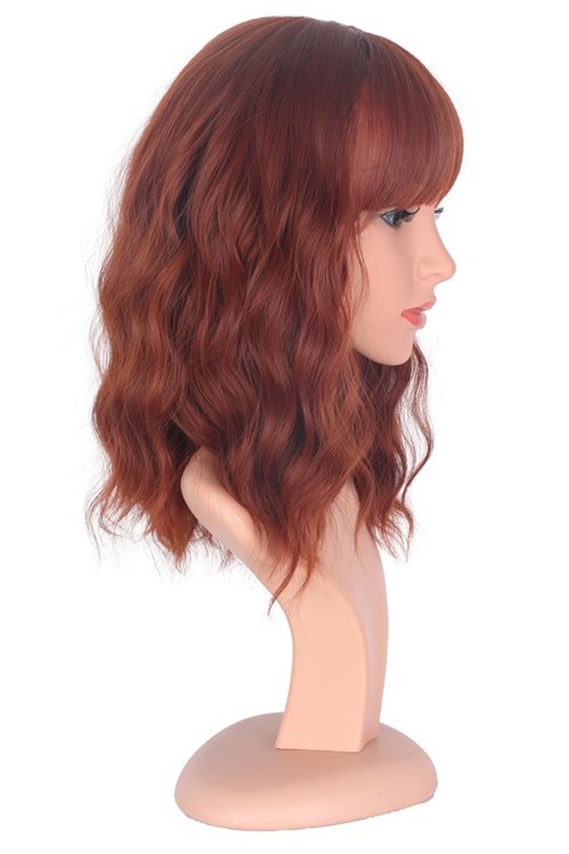 SYMEIW Red Wavy Bob Wig with Bangs Short Wavy Red Color Wigs for Women Bob Style Synthetic Heat Resistant Bob Wigs