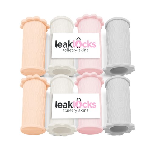LeakLocks® Toiletry Skins™ Elastic Sleeve for Leak Proofing Travel Container in Luggage. For Standard and Travel Sized Toiletries. Reusable Accessory for Travel Bag Suitcase and Carry-on Luggage