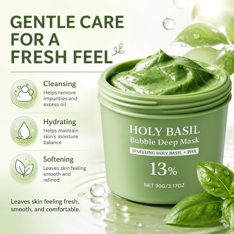 Holy Basil Bubble Deep Mask - Clay-to-Foam Facial Mask with PHA & Extract | Gentle Cleansing & Hydrating 90g (Green)