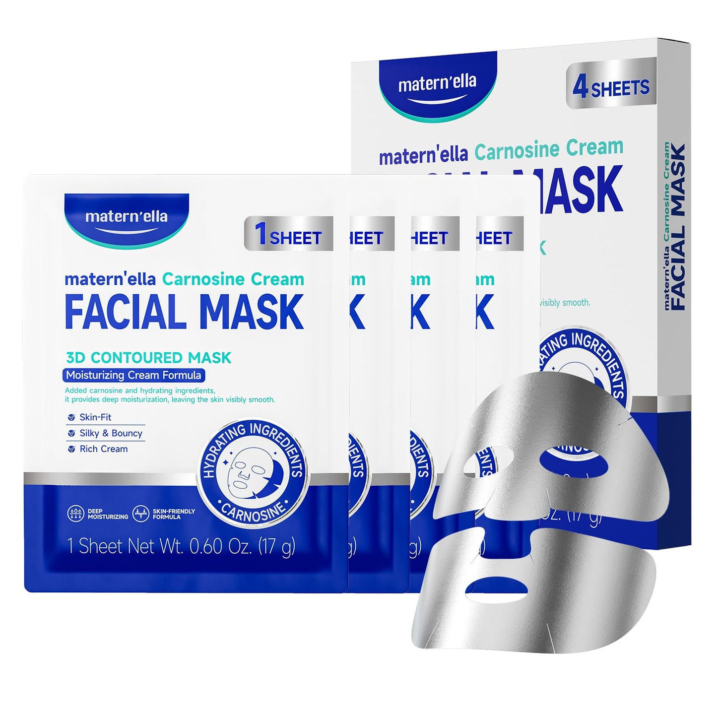 MATERN'ELLA Carnosine Cream Facial Mask with Pro-Xylane & Peptides, Anti-Aging, Plant Extract Based, 3D Contoured Face Mask for Wrinkles, Elasticity & Deep Hydration, Paraben & Fragrance Free, 4 pcs