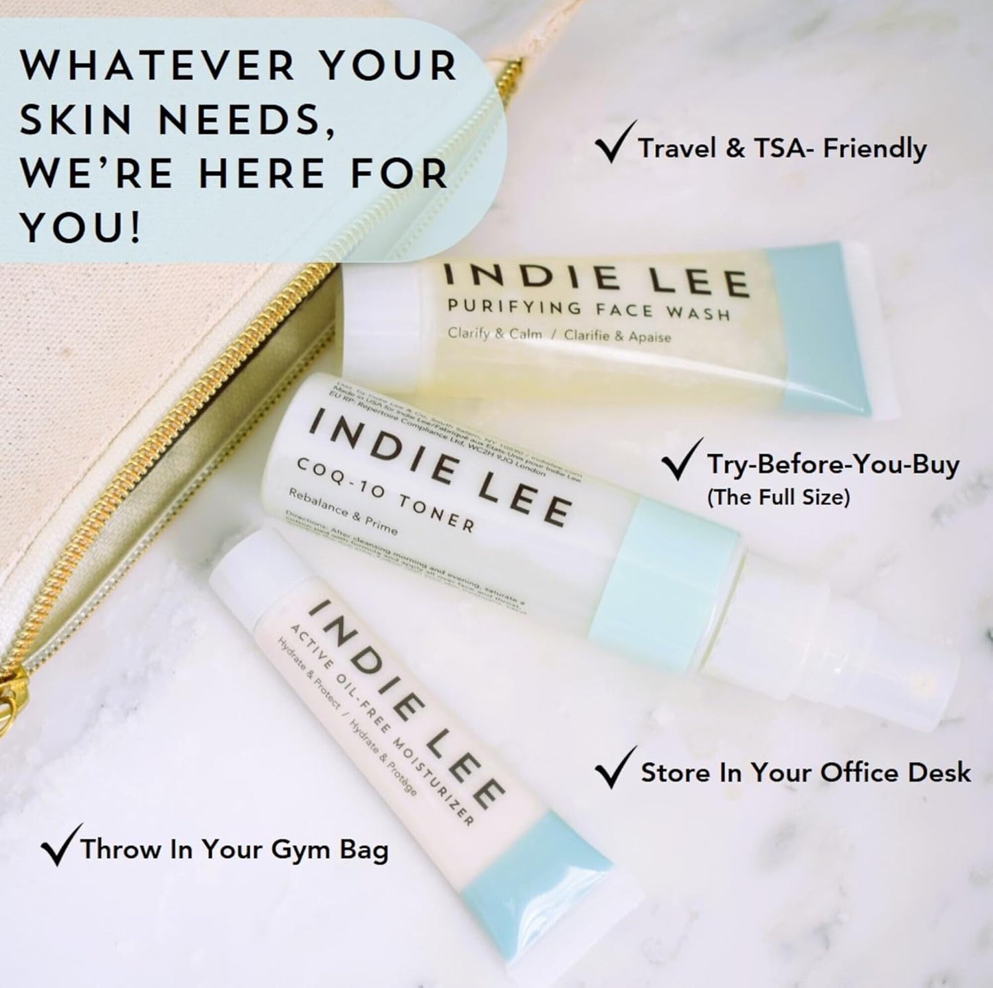 Indie Lee Discovery Gift Set - Travel Size Toiletries Skincare Set with Brightening Cleanser, CoQ-10 Toner + Squalane Facial Oil - Skin Care Kit for Adults (3-Piece Travel Size Set)