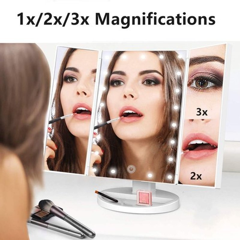 Flymiro Tri-fold Lighted Vanity Makeup Mirror with 3x/2x/1x Magnification, 21 LLED Light and Touch Screen,Dual Power Supply, Portable LED Makeup Mirror, Travel,Women Gift (White)