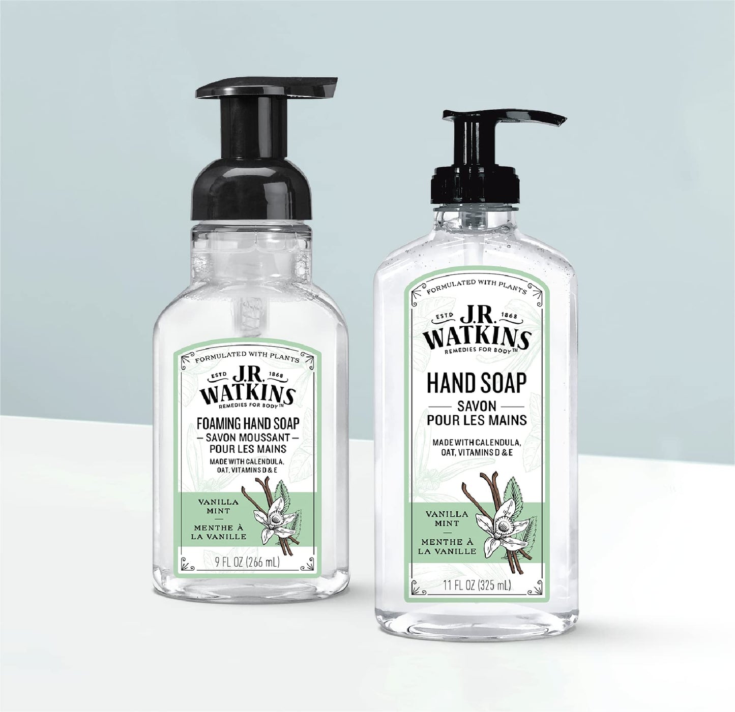 J.R. Watkins Foaming Hand Soap Pump with Dispenser, Moisturizing Hand Soap Foam, Alcohol-Free and Cruelty-Free, Use for Kitchen or Bathroom, Menthe a la Vanille/Vanilla Mint, 9 fl oz, 3 Pack
