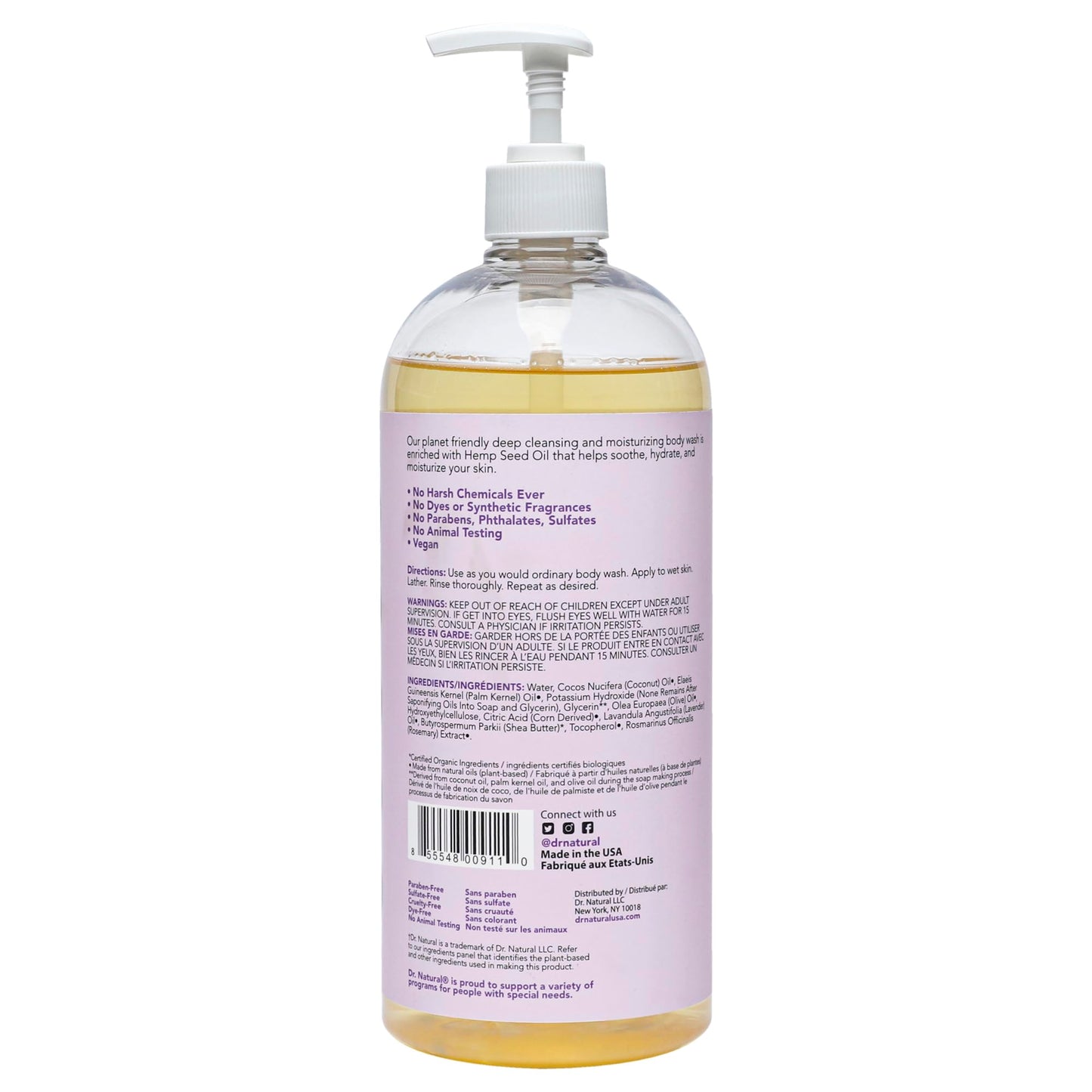 Dr. Natural Calming Lavender Oil Body Wash - Dry Skin Moisturizing Natural Body Wash with Shea Butter and Coconut Oil - For Family and Pets - 32 oz