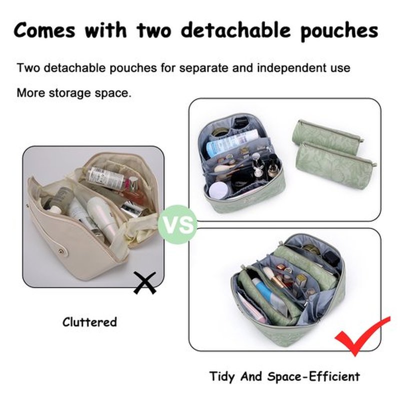 Travel Makeup Bags Cosmetic Organizer Bag: 3-Set Large Capacity Make up Bag - PU Leather Toiletry Bag for Women - Wide Open Portable Pouch with Divider & Handle (02-Light Green)