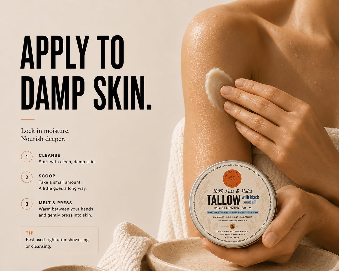 Hearthical Halal Grass Fed Beef Tallow For Skin – 70g Organic Beef Tallow Moisturizer – Beef Tallow Face Moisturizer & Beef Tallow Face Cream – Pure Beef Tallow Balm with Black Seed and Jojoba