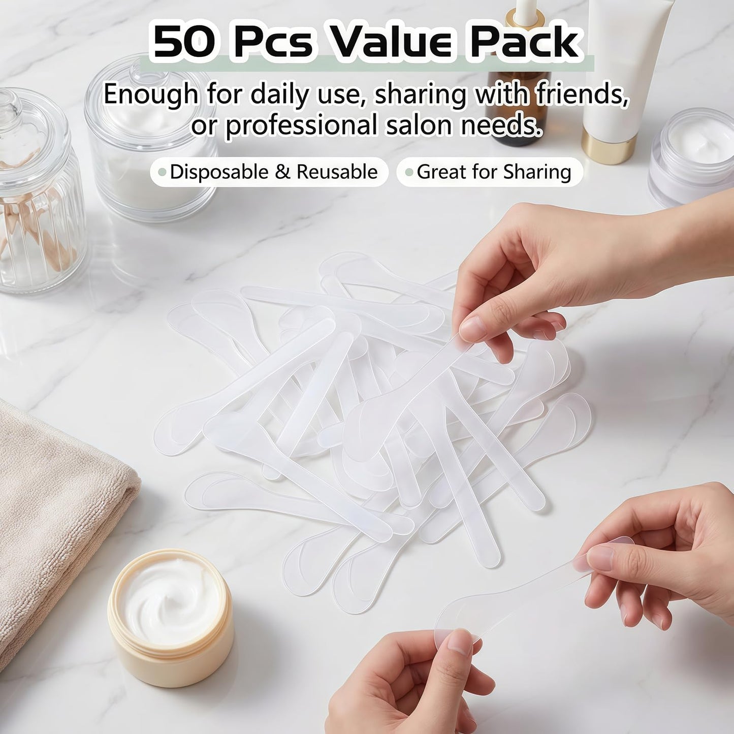 50Pcs Transparent Premium Plastic Cosmetic Spatula Makeup Scoop Mask Spoon, Frosted Tip Disposable & Reusable Beauty Tool for DIY Makeup, Sampling, Mask Mixing, Lotion & Cream Application