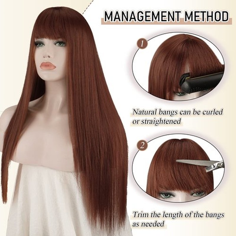 SOFEIYAN 26 inches Long Straight Wig with Bangs Auburn Synthetic Hair Replacement Wigs Heat Resistant Full Wig for Women Girls