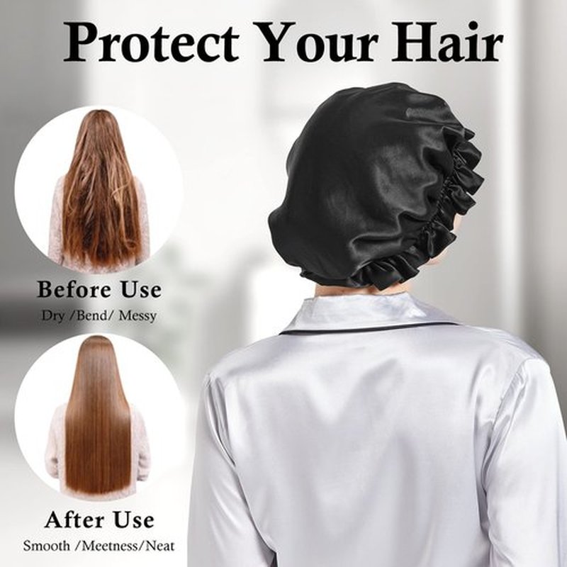 Silk Bonnet for Hair Care, Natural Silk Cap for Sleeping and Shower, Double-Lined, 6A-grade Mulberry Silk Turban Black