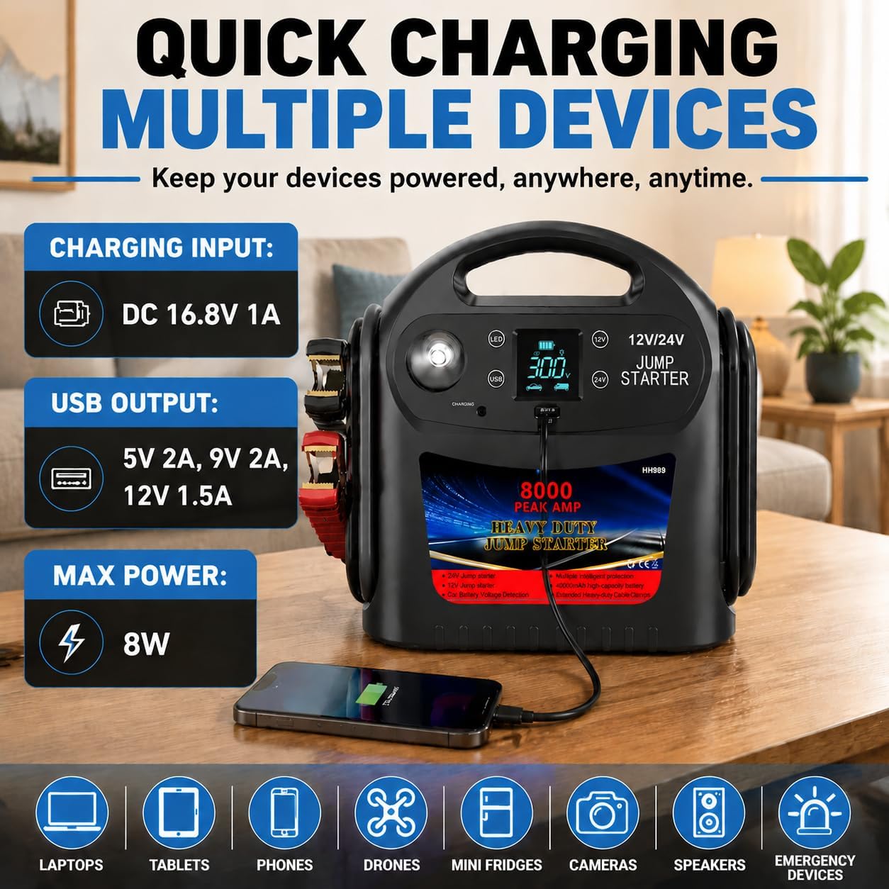 8000A Car Battery Jump Starter, Heavy Duty Jump Box for Gas & Diesel Vehicles, 12V/24V Portable Power Pack with LED Light for Trucks, SUVs, Commercial & Diesel Engines