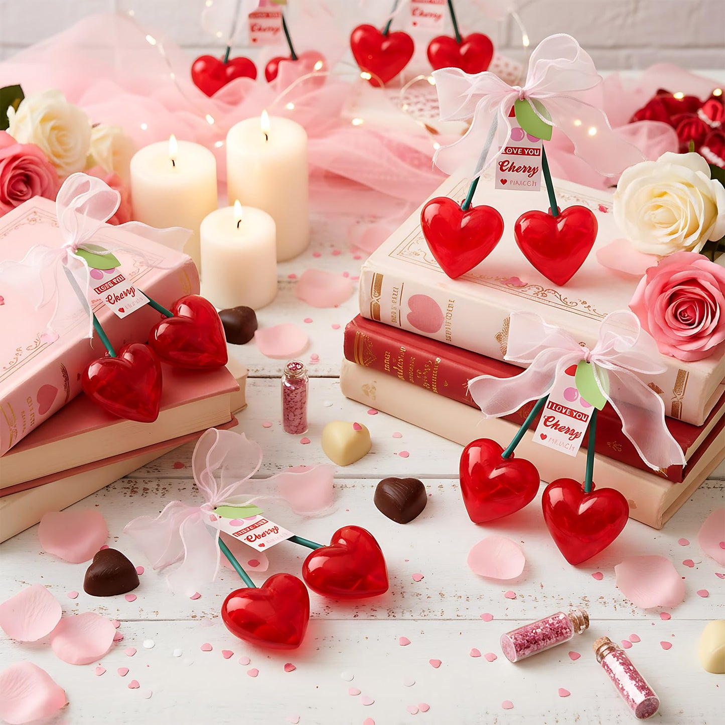 AceOrbit 12 Pcs Valentine's Day Cherry Plastic Heart Containers 4.7 Inch Red Cherry Shaped Filled Gift Candy Box with Cards Bow Valentine Hanging Ornament for Wedding Party Favor Exchange Supplies