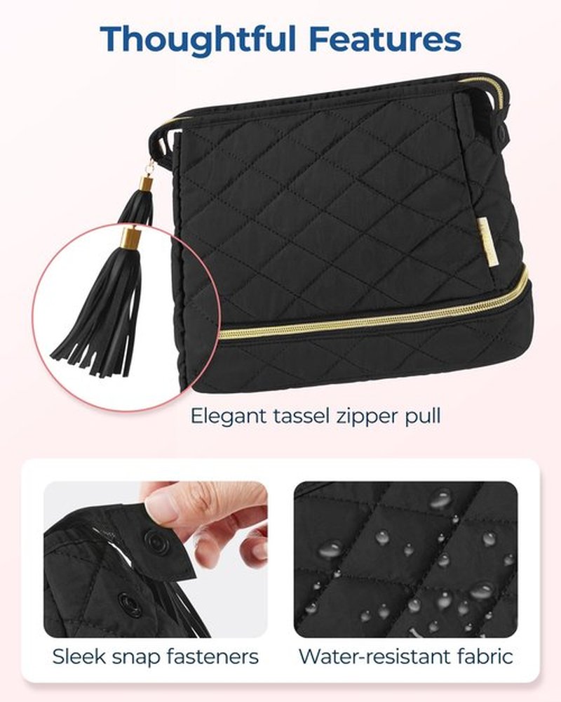 BAGSMART Makeup Bag Travel Cosmetic Bag,Puffy Make Up Bags for Women Double Layer Makeup Organizer Case,Wide-open Puffer Pouch for Purse Storage Travel Essentials Toiletries Accessories Brushes, Black
