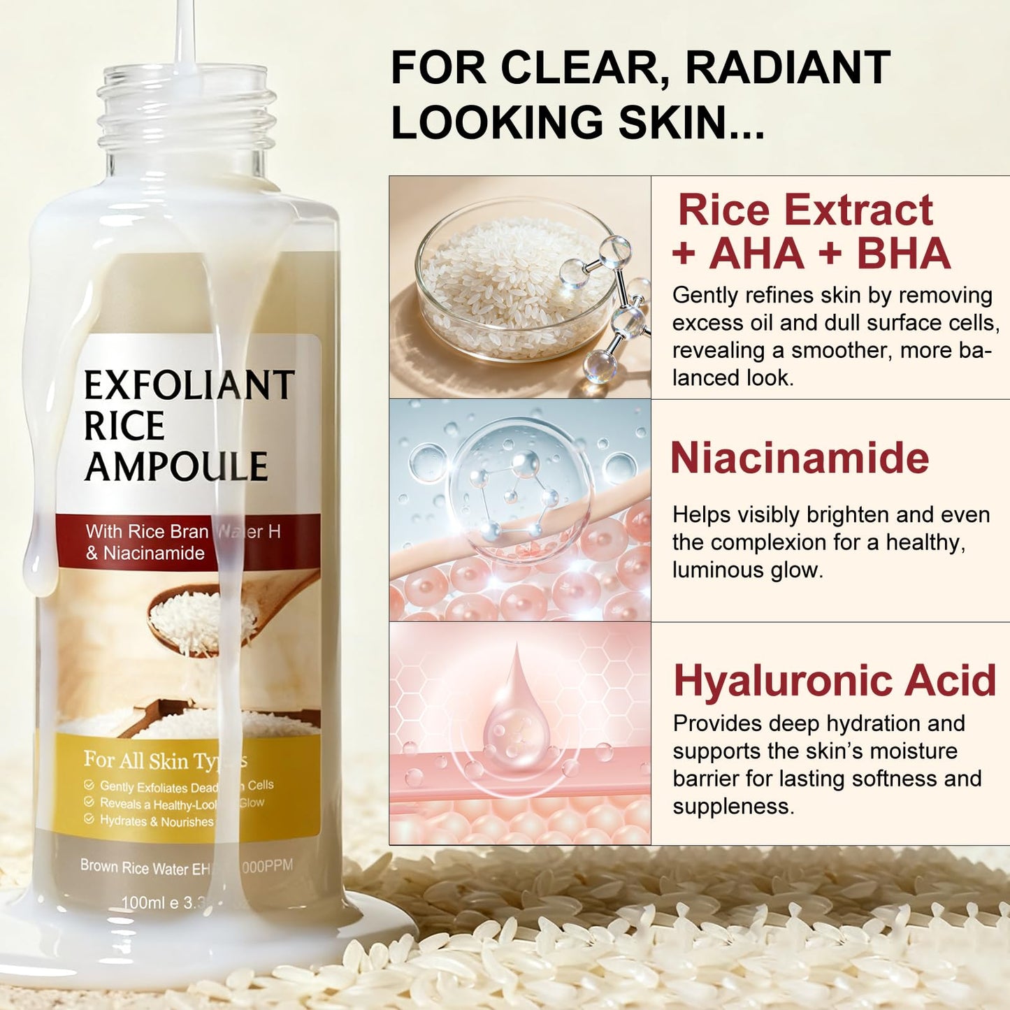 White Rice Exfoliant, White Rice Peeling Glow Ampoule, Peel Shot Glow Exfoliating Face Serum, Korean Skin Care Soft Exfoliating Body Scrub Dead Skin Cells, Blackheads Remover For All Skin Types 100ml