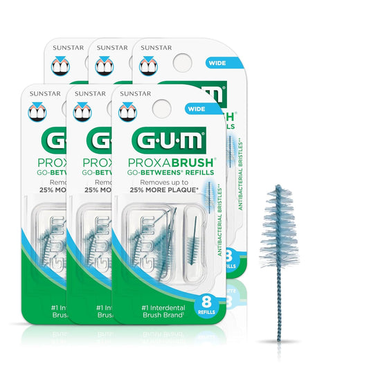 GUM Proxabrush Go-Betweens Refills - Wide - Compatible with GUM Permanent Handle - Reusable Interdental Brushes - Soft Bristled Dental Picks, 16ct (6pk)