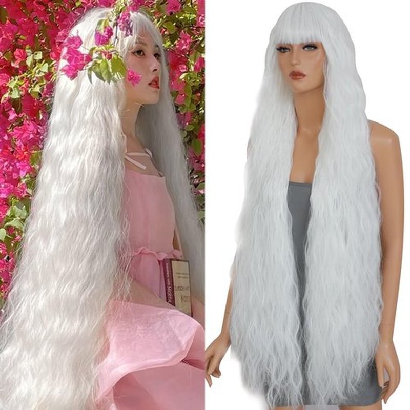 Aliesencia 40 Inch Long Wavy Wig Synthetic Wig with Bangs for Women White Cosplay Wig Long Wavy Bounce Fluffy Wig Natural Style Wig for Halloween Heat Resistant Wig for Party Daily Use(White)