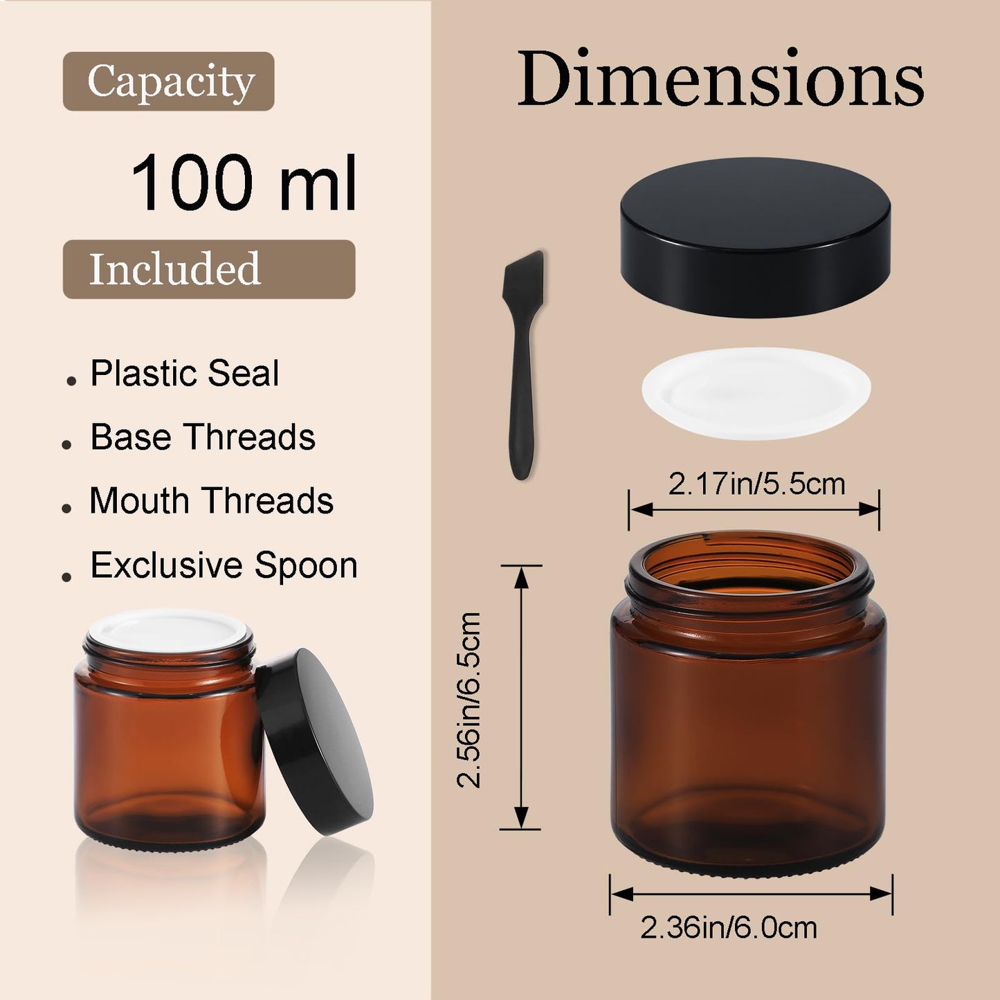 Lustervial 3 Pack 4 oz Amber Small Glass Jars with Airtight Lids, Lotion Containers, Cosmetic Containers, Little Travel Jars for Creams with Black Mini Spoon & Black Labels Included