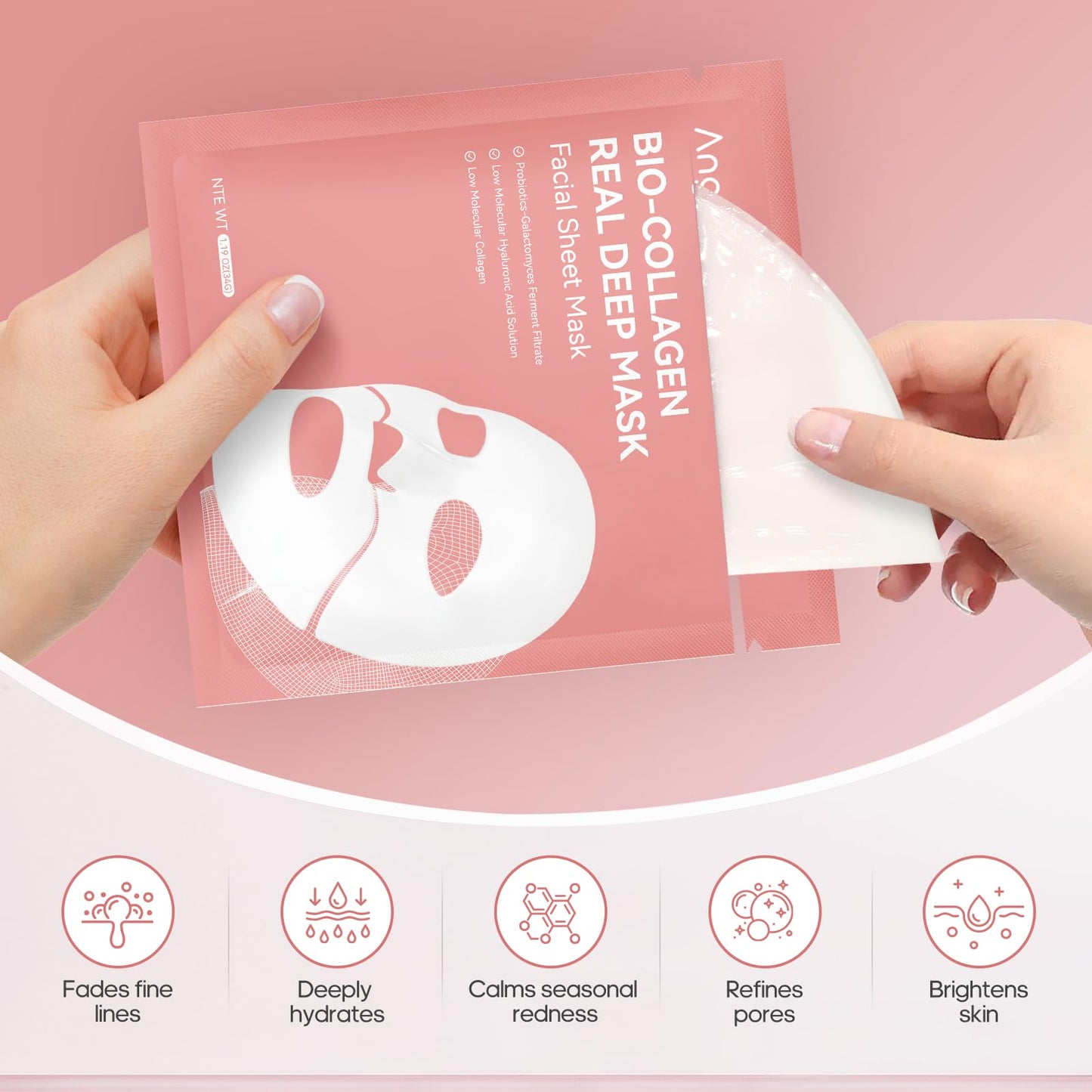 Angel Side Collagen Face Mask Skincare, Hydrating & Firming Hydrogel Face Masks, Elasticity Boosting Collagen Mask for All Skin Types, Skin Care Essentials 34g x 8 Sheets