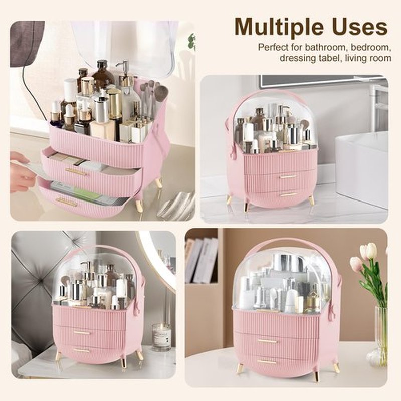 Make up Organizers and Storage, Makeup Organizer for Vanity, Cosmetics Skincare Organizers with Lid and Drawers, Cosmetic Display Cases for Countertop, Bathroom, Ideal Gifts for Women(Pink)