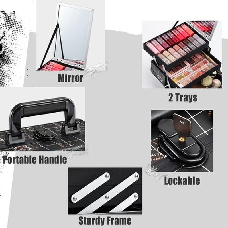 Joligrace Makeup Train Case Portable Makeup Case Organizer 2 Trays Cosmetic Box Storage with Mirror for Cosmetologist Supplies Nail Tech Traveling Makeup Travel Box Punk Love Hearts