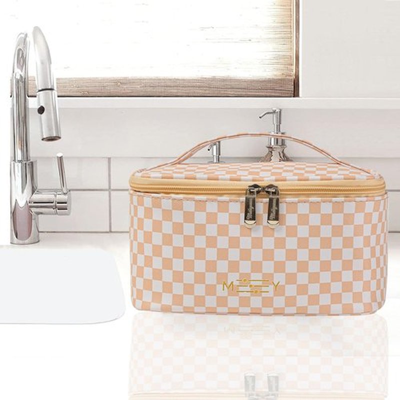 KITENROM Preppy Makeup Bag Travel Cosmetic Bags for Women Girls Multi-color Checkered Plaid Small Pouch Toiletry Bag Organizer Case Waterproof Case (Pink Checkerboard)