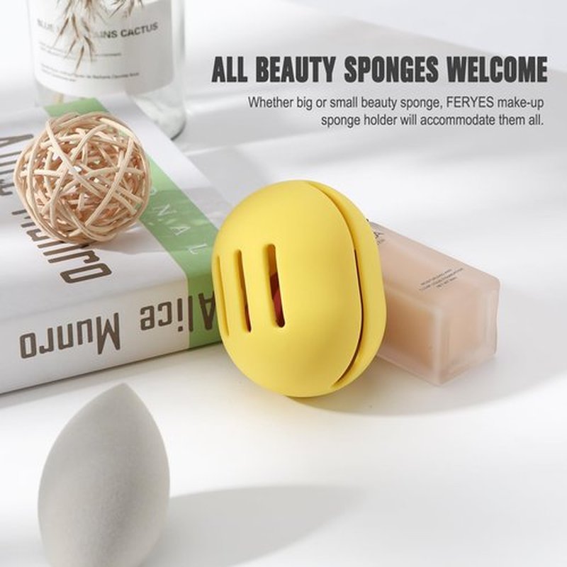 FERYES Makeup Sponge Holder – Shatterproof Eco-Friendly Silicone Beauty Make Up Blender Case for Travel -Yellow