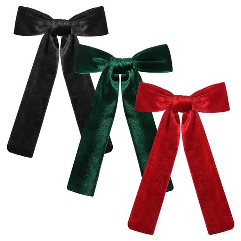 CEELGON 3 PCS Long Tail Velvet Hair Bows Hair Bow Set for Toddler Girls Long Ponytail Knot Bows Alligator Clip Hair Accessories for Girls and Women (Red, Green, Black)