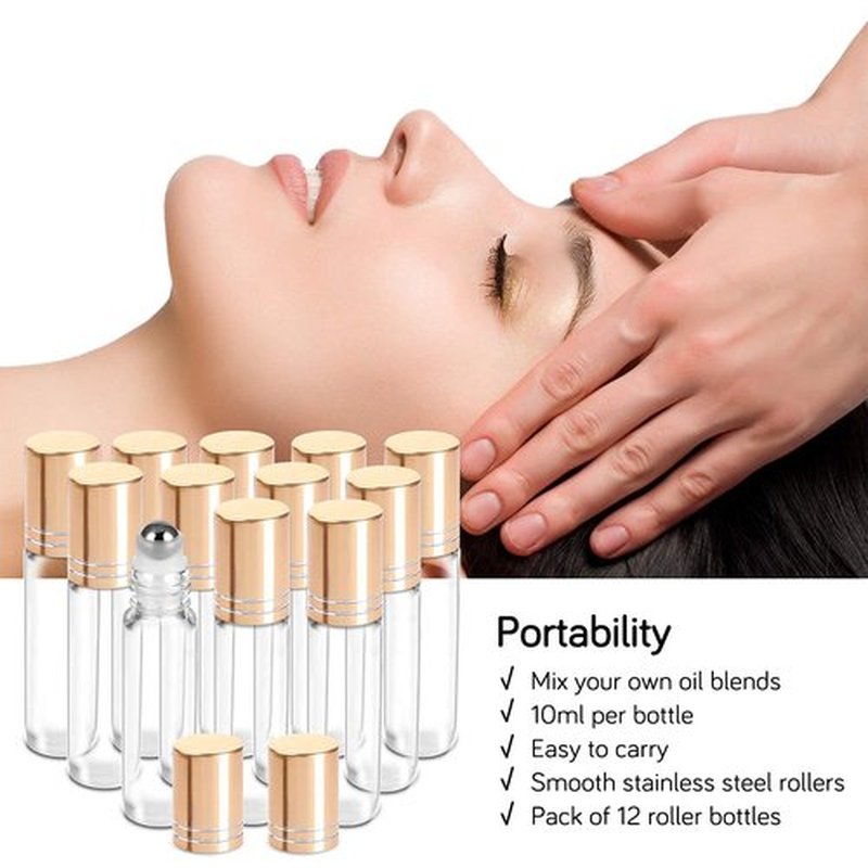 PrettyCare Essential Oil Roller Bottles 10ml (Clear Glass Bottle with Gold Cap, 12 Pack, 2 Extra Stainless Steel Balls, 24 Labels, Opener, Funnels for Oils, Roller on Bottles