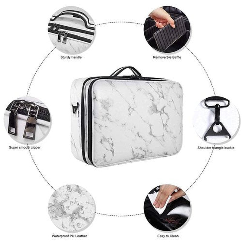 JOURMON Makeup Case Travel Makeup Train Case Organizer Cosmetic Bag Portable with Adjustable Dividers and Shoulder Strap for Makeup Brushes Toiletry Travel Accessories(Marble White Black, L)