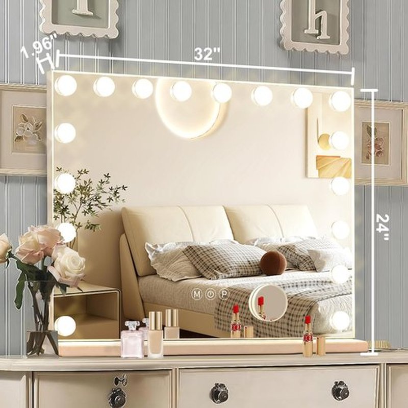 Ratsamee Hollywood Vanity Mirror with Lights, 18 Bulbs，3 Color Lights，Make Up Lighted Mirror, Aluminum Metal Frame,USB Charging Port（32" x 24"）