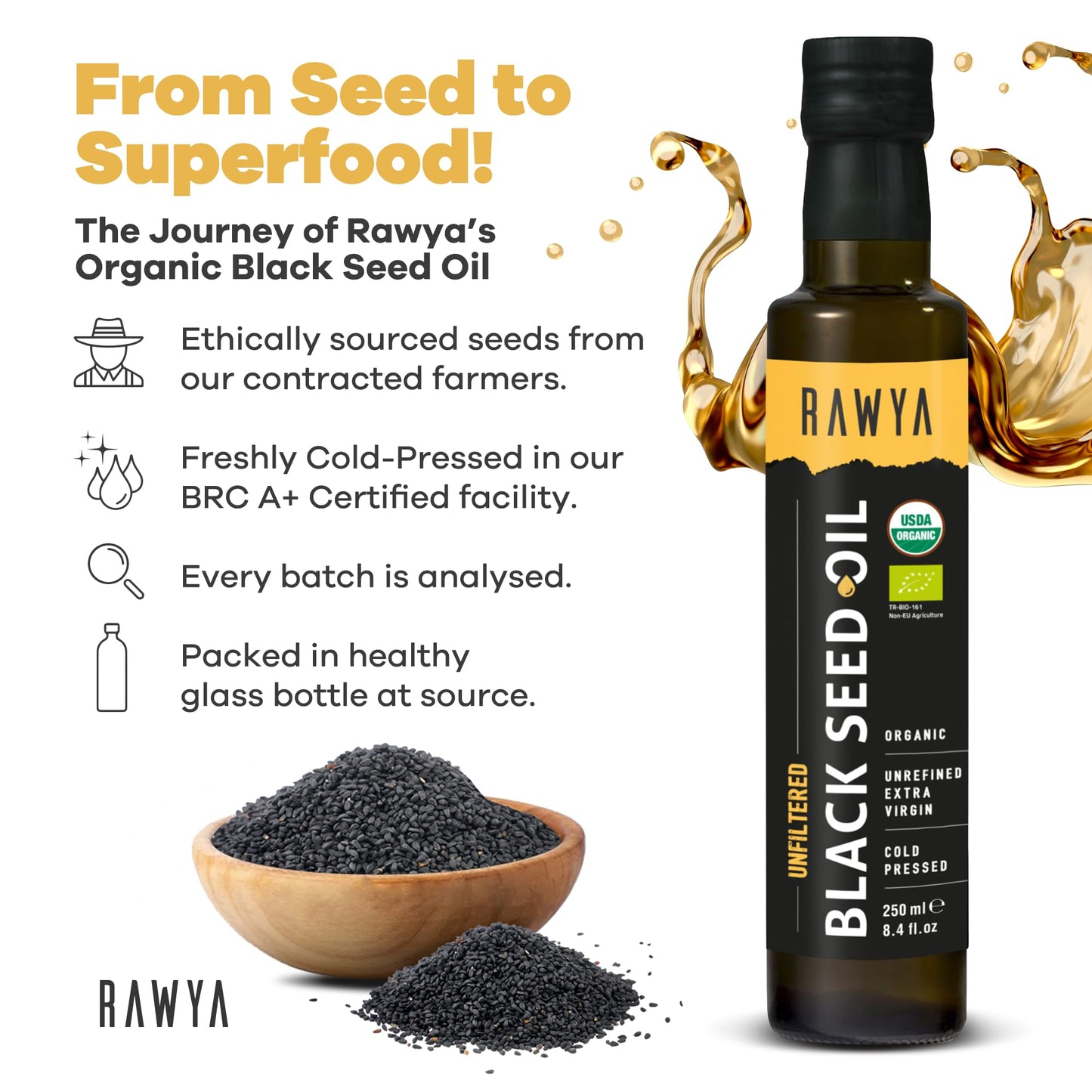 RAWYA Black Seed Oil - Organic Cold Pressed Nigella Sativa - Turkish Origin - USDA Organic - Natural Supplement - Black Cumin Seed Oil - Rich Flavor & High Concentration - 2 PACK - 250ml Glass Bottle