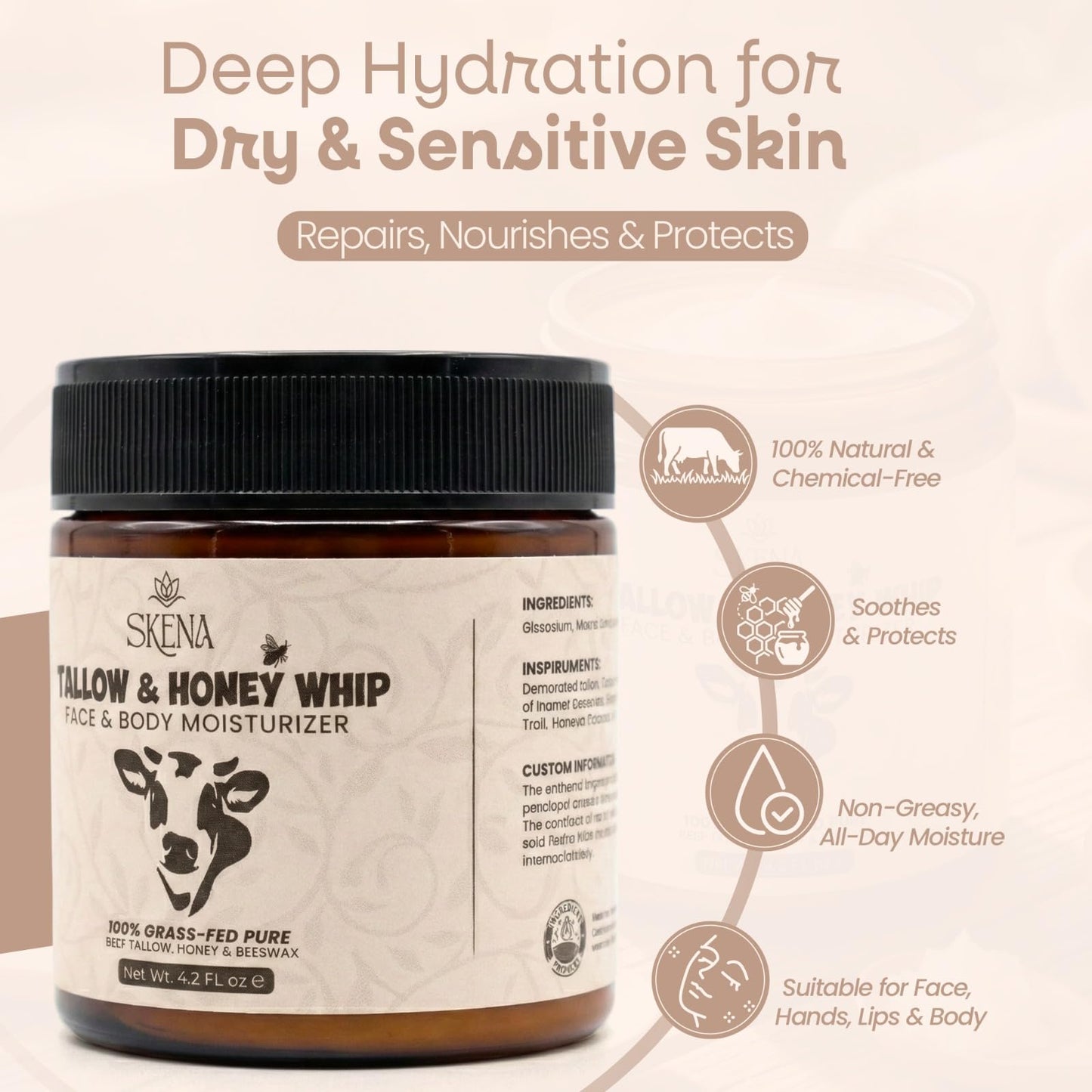 Grass-Fed Beef Tallow Moisturizer with Honey & Beeswax – Whipped Tallow Face Cream for Deep Hydration – Natural Face & Body Balm for Dry, Sensitive Skin – 4.2 oz for Men & Women