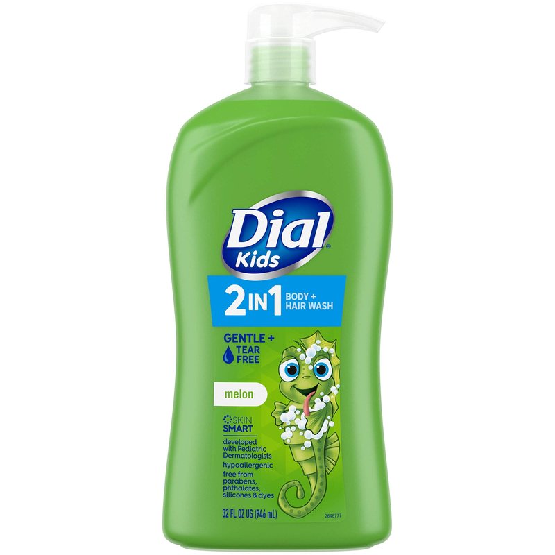 Dial Kids Body+Hair Wash, Melon, 32 fl oz & 3-in-1 Body+Hair+Bubble Bath, Peach, 32 fl oz Bundle
