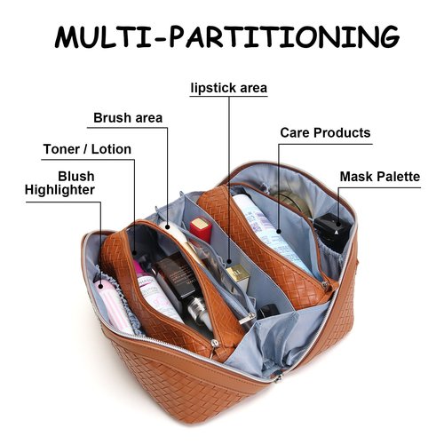 Travel Makeup Bags Cosmetic Organizer Bag: Large Capacity Make up Bag Set of 3 - Vegan Leather Toiletry Bag for Women - Portable Makeup Organizer with Compartments & Handle & Divider (2 Brown)