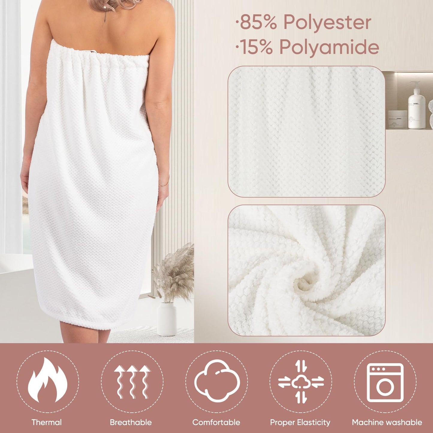 AUECOOME 6 Pcs Spa Robe Bath wrap Towels for Women Waffle Spa Wraps with Pocket Adjustable Closure Lightweight Towel Wraps for Bath Shower (White, Medium)