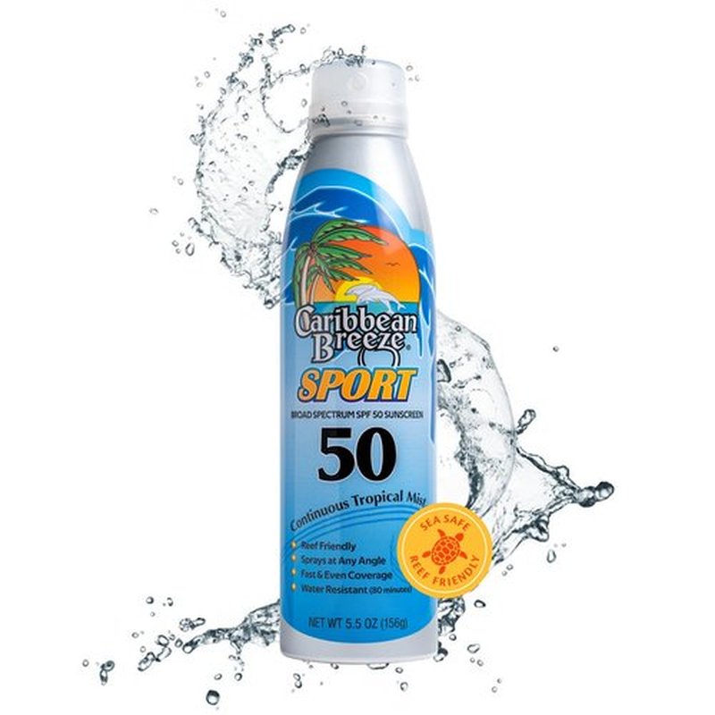 Caribbean Breeze Continuous Tropical Mist SPF 50 Sunscreen Spray Sport, Reef Safe Sunscreen Spray, Up to 80 Minutes Water Resistant Spray, 5.5 Ounces