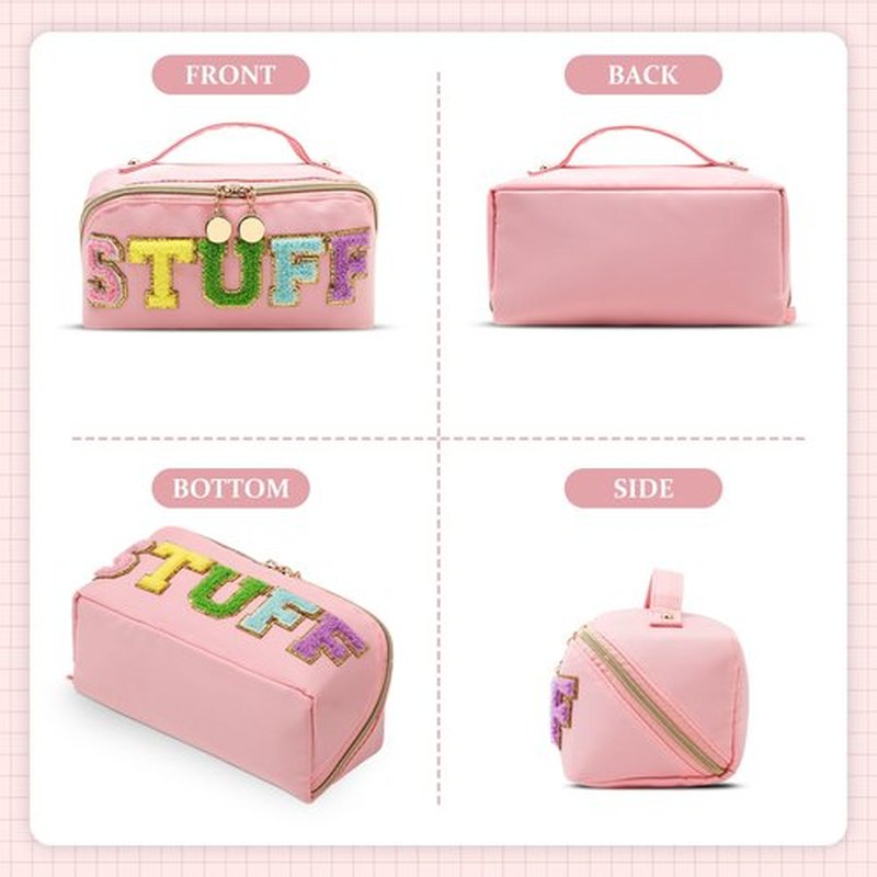 LONEDREAM Stoney Clover Preppy Makeup Bag, Large Capacity Travel Cosmetic Bag, Chenille Letter Open Flat Nylon Stuff Makeup Bag, Preppy Patch Better Belt Everything Makeup Bag, Pink