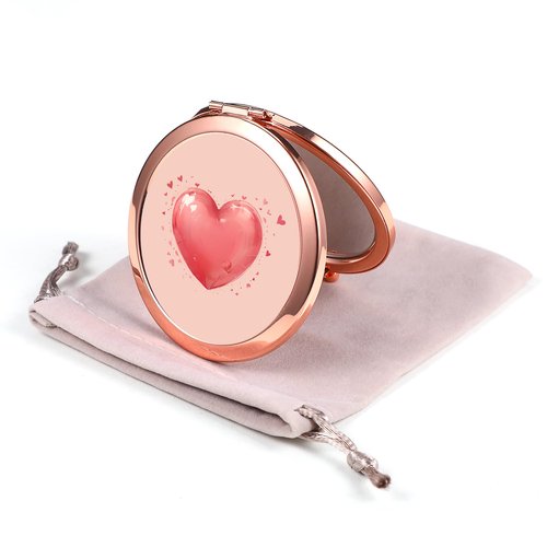 Dynippy Compact Mirror Rose Gold Makeup Mirror Folding Mini Pocket Mirror Portable Hand Mirror Double-Sided 2 x 1x Magnification for Woman Girls (Red Heart Pattern)