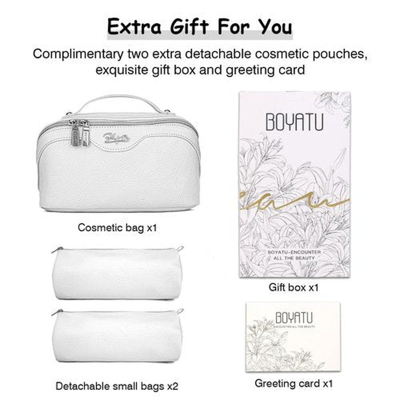 Travel Makeup Bags Cosmetic Organizer Bag: 3-Set Large Capacity Make up Bag - PU Leather Toiletry Bag for Women - Wide Open Portable Pouch with Divider & Handle (02-White)