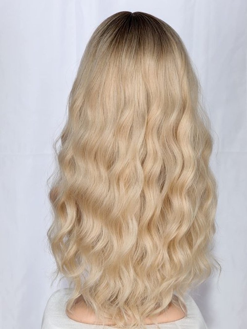 SYMEIW Medium Long Blonde Wavy Wigs For Women Synthetic Full Hair Wigs With Bangs For Daily Use (Blonde)