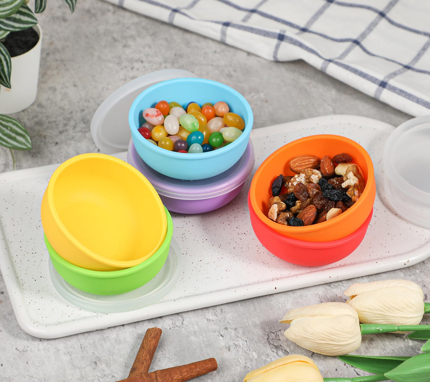 KOLUTI Nonstick Silicone 2oz Pinch Bowls Set of 6, Mini Colorful Condiment Sauce Dip Prep Bowl with Lid, Snack Serving Food Storage Mixing Containers for Side Dish, Microwave & Freezer Safe